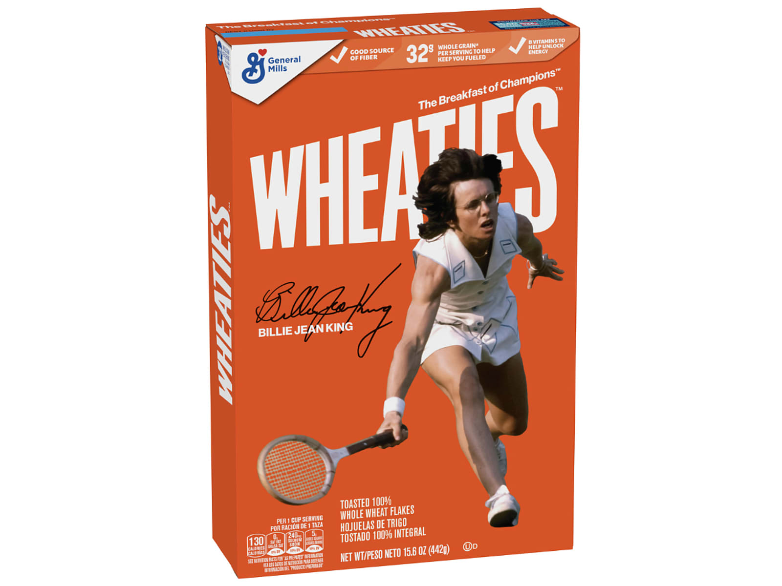 Billie Jean King makes her Wheaties Box debut celebrating her legacy as a trailblazer on and off the court with an iconic orange box.